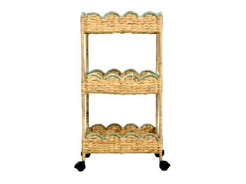 Refined 3-Tier Scalloped Ricenut- Weaving Water Hyacinth Storage Cart with Sage Trim Color and Metal Frame